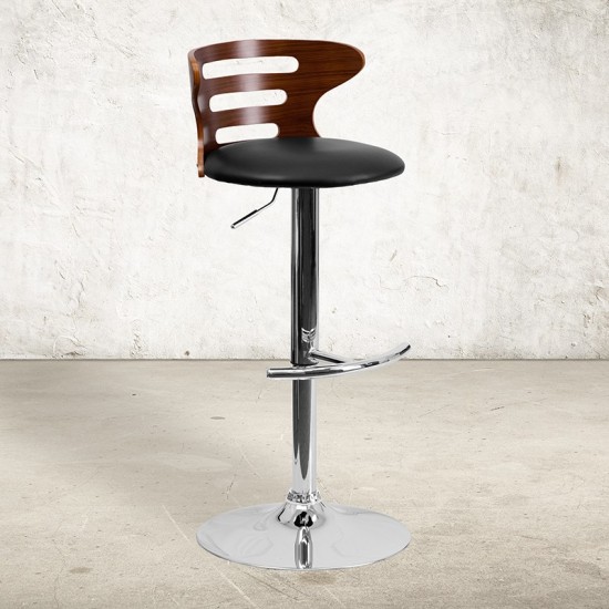 Walnut Bentwood Adjustable Height Barstool with Three Slot Cutout Back and Black Vinyl Seat