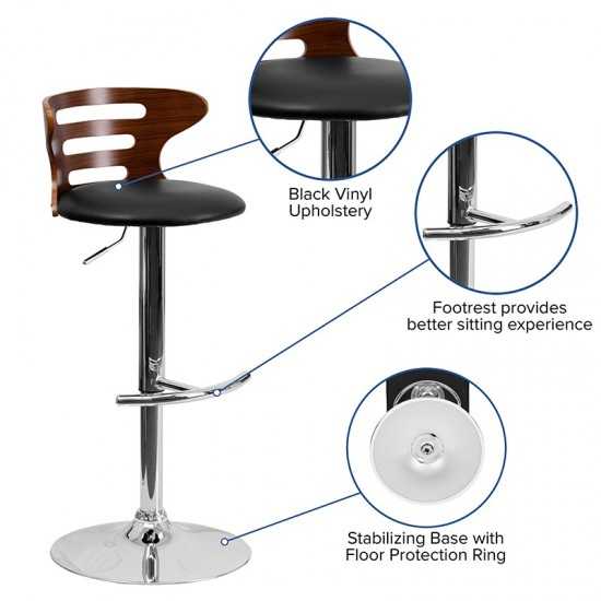 Walnut Bentwood Adjustable Height Barstool with Three Slot Cutout Back and Black Vinyl Seat