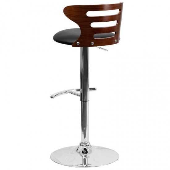 Walnut Bentwood Adjustable Height Barstool with Three Slot Cutout Back and Black Vinyl Seat