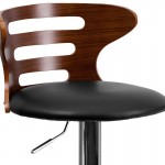 Walnut Bentwood Adjustable Height Barstool with Three Slot Cutout Back and Black Vinyl Seat