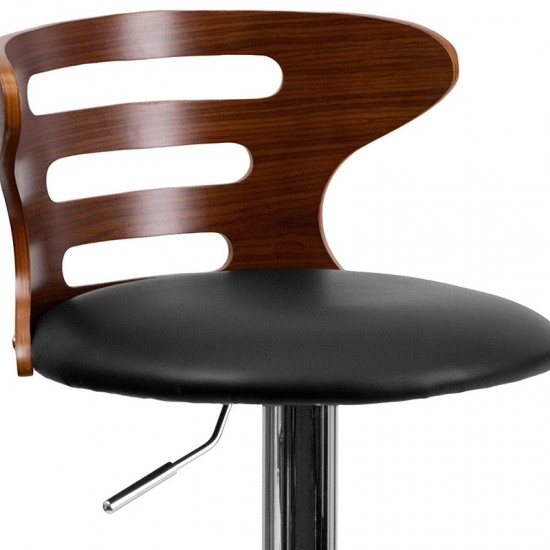 Walnut Bentwood Adjustable Height Barstool with Three Slot Cutout Back and Black Vinyl Seat