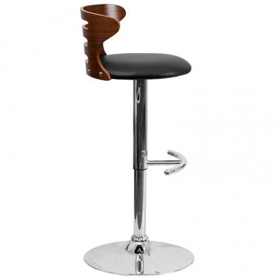 Walnut Bentwood Adjustable Height Barstool with Three Slot Cutout Back and Black Vinyl Seat