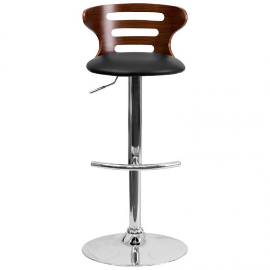 Walnut Bentwood Adjustable Height Barstool with Three Slot Cutout Back and Black Vinyl Seat