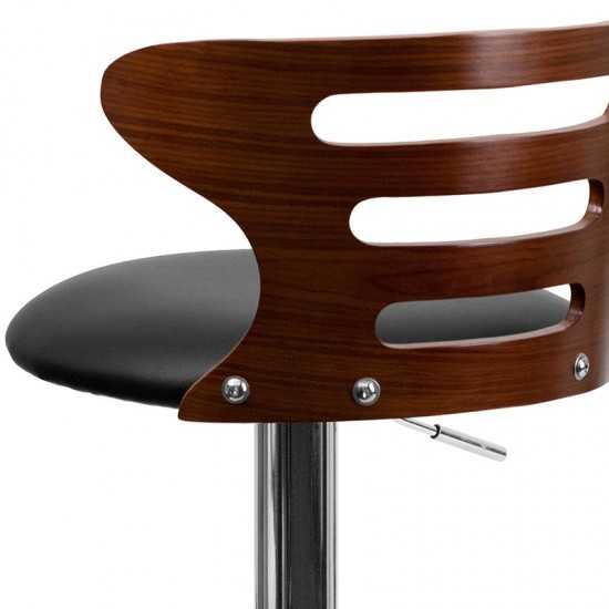 Walnut Bentwood Adjustable Height Barstool with Three Slot Cutout Back and Black Vinyl Seat