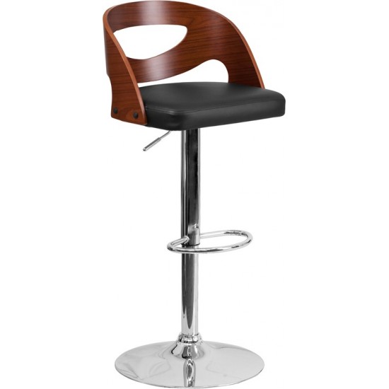 Walnut Bentwood Adjustable Height Barstool with Side Panel Cutout Back and Black Vinyl Seat