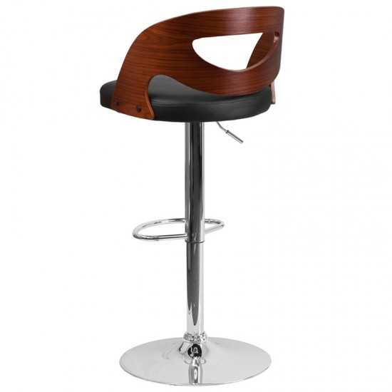 Walnut Bentwood Adjustable Height Barstool with Side Panel Cutout Back and Black Vinyl Seat