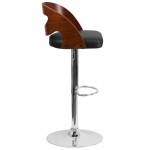 Walnut Bentwood Adjustable Height Barstool with Side Panel Cutout Back and Black Vinyl Seat