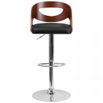 Walnut Bentwood Adjustable Height Barstool with Side Panel Cutout Back and Black Vinyl Seat