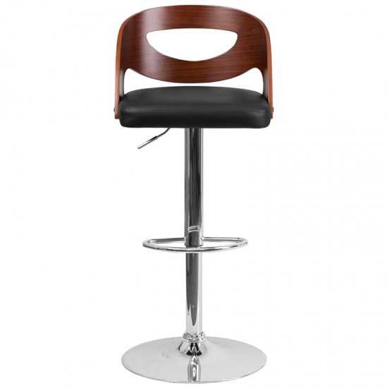 Walnut Bentwood Adjustable Height Barstool with Side Panel Cutout Back and Black Vinyl Seat