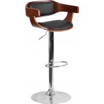 Walnut Bentwood Adjustable Height Barstool with Wrap Style Arms and Black Vinyl Seat