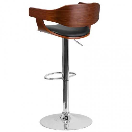 Walnut Bentwood Adjustable Height Barstool with Wrap Style Arms and Black Vinyl Seat