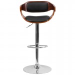 Walnut Bentwood Adjustable Height Barstool with Wrap Style Arms and Black Vinyl Seat