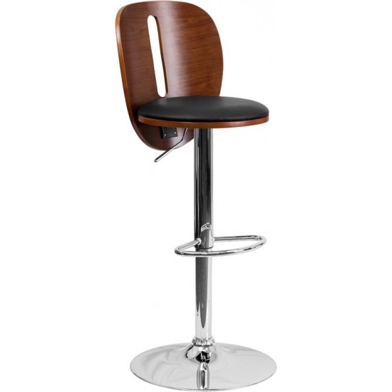 Walnut Bentwood Adjustable Height Barstool with Cutout Extended Back and Black Vinyl Seat