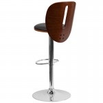 Walnut Bentwood Adjustable Height Barstool with Cutout Extended Back and Black Vinyl Seat