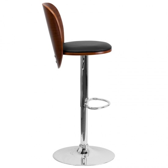 Walnut Bentwood Adjustable Height Barstool with Cutout Extended Back and Black Vinyl Seat