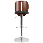 Walnut Bentwood Adjustable Height Barstool with Cutout Extended Back and Black Vinyl Seat