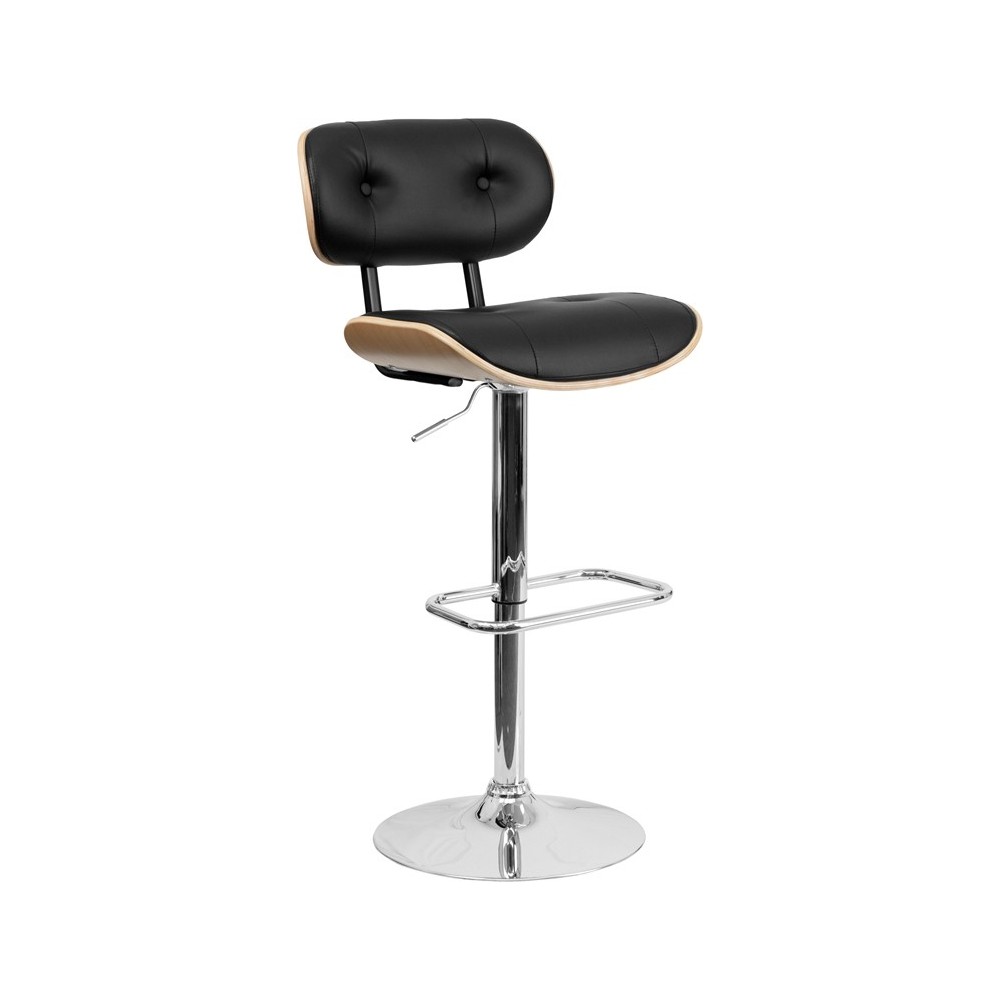 Beech Bentwood Adjustable Height Barstool with Button Tufted Black Vinyl Seat