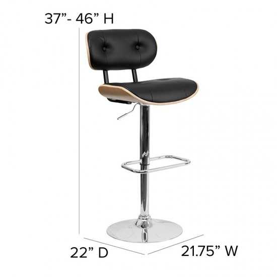 Beech Bentwood Adjustable Height Barstool with Button Tufted Black Vinyl Seat