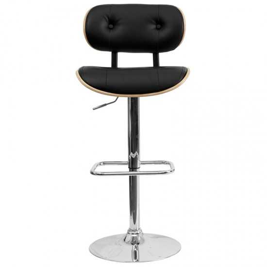 Beech Bentwood Adjustable Height Barstool with Button Tufted Black Vinyl Seat