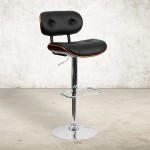 Walnut Bentwood Adjustable Height Barstool with Button Tufted Black Vinyl Seat