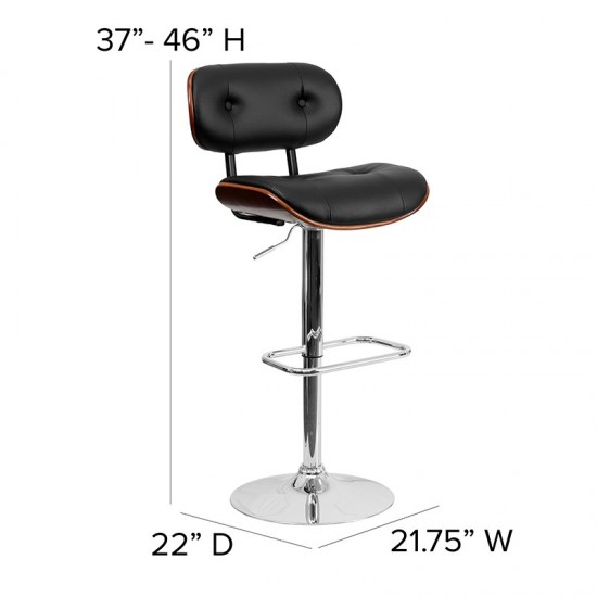 Walnut Bentwood Adjustable Height Barstool with Button Tufted Black Vinyl Seat