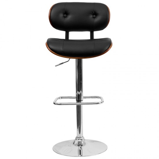 Walnut Bentwood Adjustable Height Barstool with Button Tufted Black Vinyl Seat