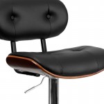 Walnut Bentwood Adjustable Height Barstool with Button Tufted Black Vinyl Seat