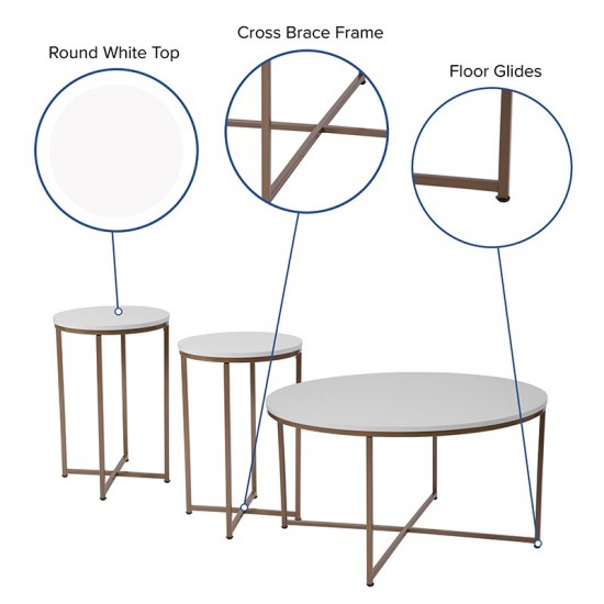 Hampstead Collection 3 Piece Coffee and End Table Set in White with Matte Gold Frames