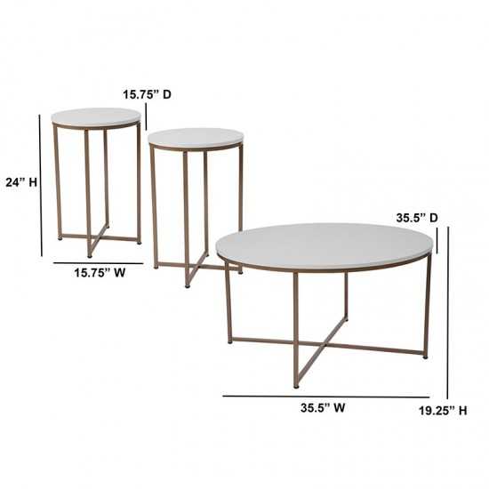 Hampstead Collection 3 Piece Coffee and End Table Set in White with Matte Gold Frames