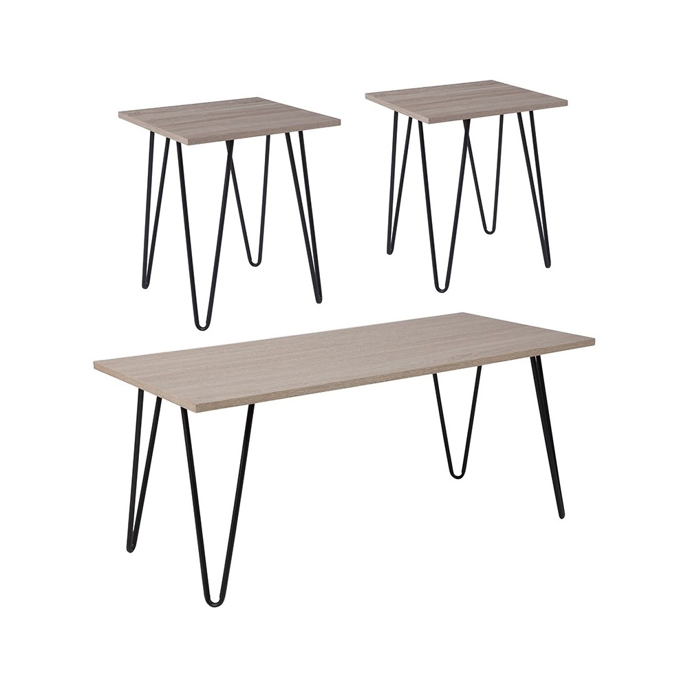 Oak Park Collection 3 Piece Coffee and End Table Set in Driftwood Wood Grain Finish and Black Metal Legs Oak Park Collection 3 Piece Coffee and End Table Set in Driftwood Wood Grain Finish and Black Metal Legs