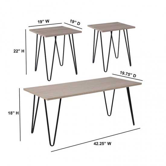 Oak Park Collection 3 Piece Coffee and End Table Set in Driftwood Wood Grain Finish and Black Metal Legs