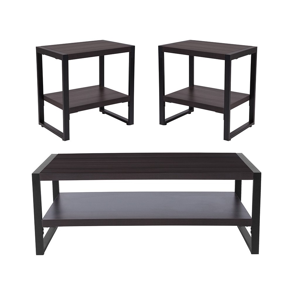 Thompson Collection 3 Piece Coffee and End Table Set with Raised Shelves in Charcoal Wood Grain Finish