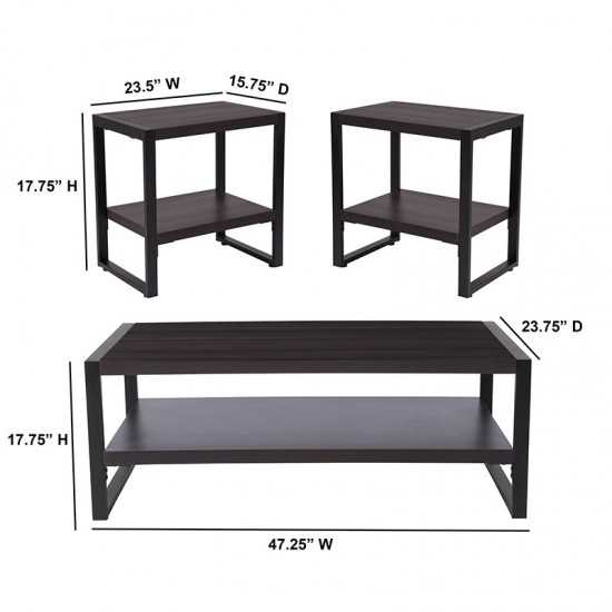 Thompson Collection 3 Piece Coffee and End Table Set with Raised Shelves in Charcoal Wood Grain Finish