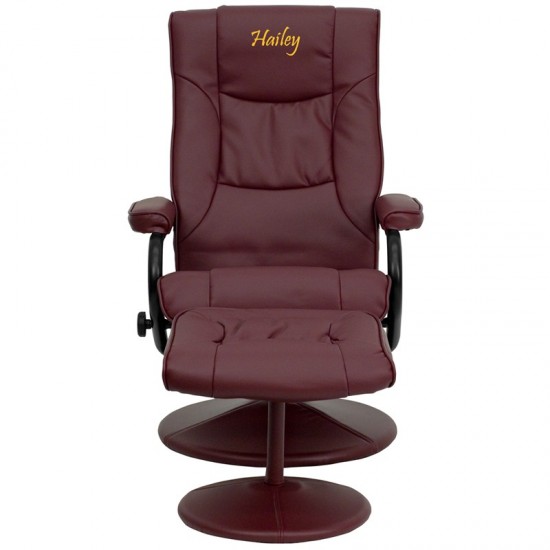 Personalized Contemporary Multi-Position Recliner and Ottoman with Wrapped Base in Burgundy LeatherSoft