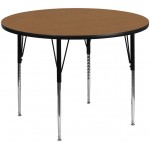 60'' Round Oak Thermal Laminate Activity Table - Standard Height Adjustable Legs