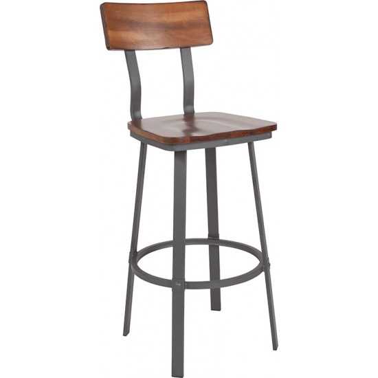 Flint Series Rustic Walnut Restaurant Barstool with Wood Seat & Back and Gray Powder Coat Frame