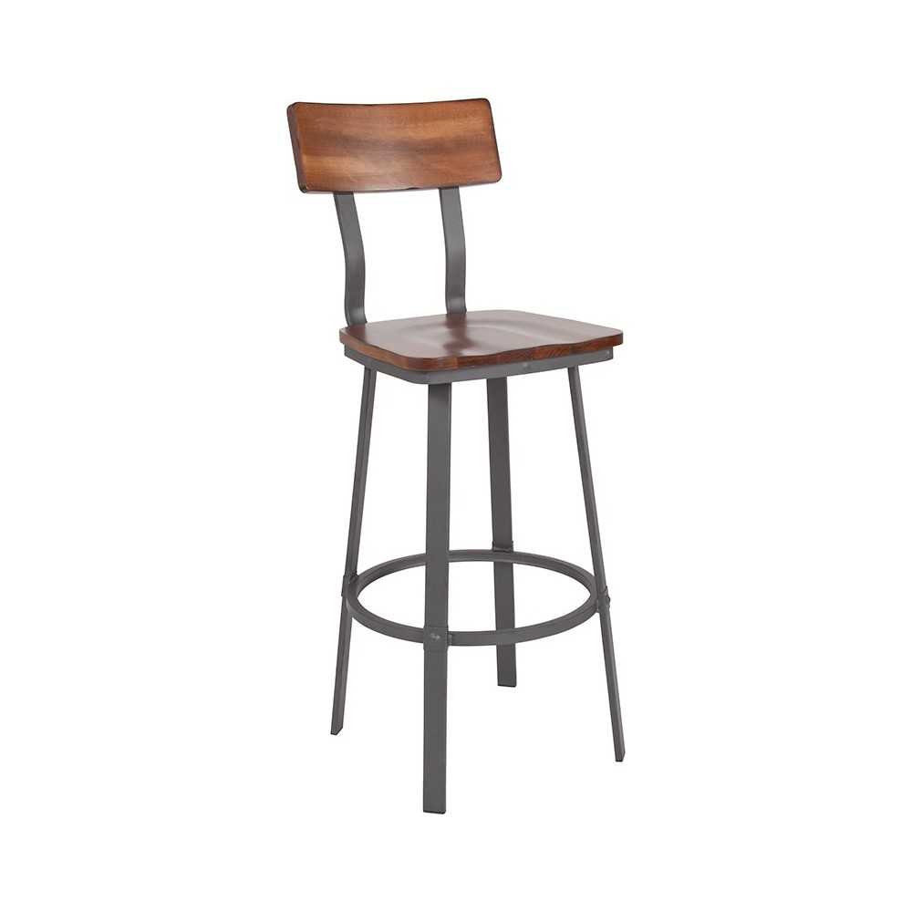 Flint Series Rustic Walnut Restaurant Barstool with Wood Seat & Back and Gray Powder Coat Frame