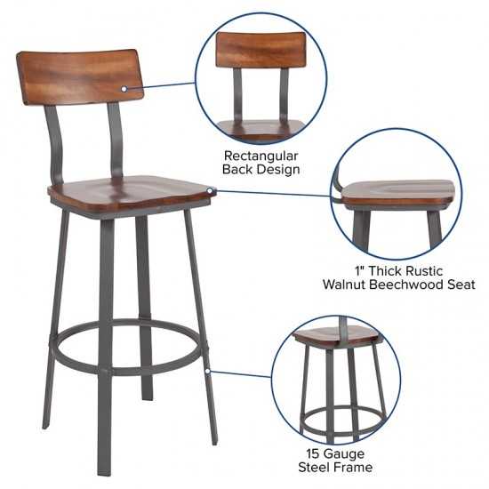 Flint Series Rustic Walnut Restaurant Barstool with Wood Seat & Back and Gray Powder Coat Frame