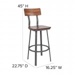 Flint Series Rustic Walnut Restaurant Barstool with Wood Seat & Back and Gray Powder Coat Frame