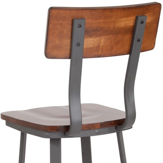 Flint Series Rustic Walnut Restaurant Barstool with Wood Seat & Back and Gray Powder Coat Frame