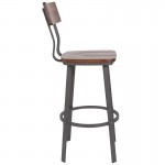 Flint Series Rustic Walnut Restaurant Barstool with Wood Seat & Back and Gray Powder Coat Frame