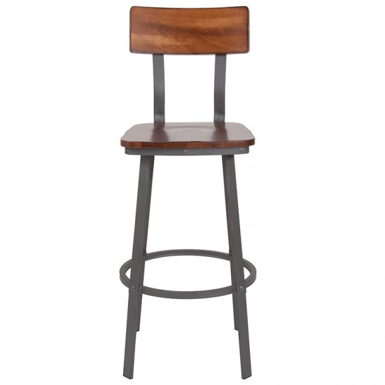 Flint Series Rustic Walnut Restaurant Barstool with Wood Seat & Back and Gray Powder Coat Frame