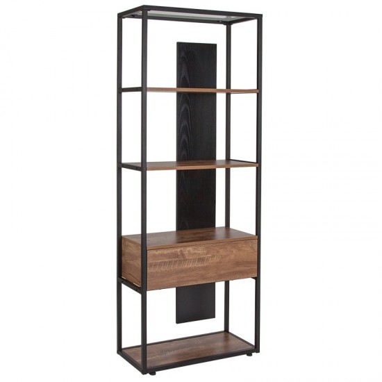 Cumberland Collection 4 Shelf 65.75"H Bookcase with Drawer in Rustic Wood Grain Finish