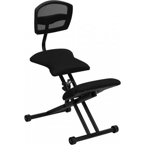 Ergonomic Kneeling Office Chair with Back in Black Mesh and Fabric