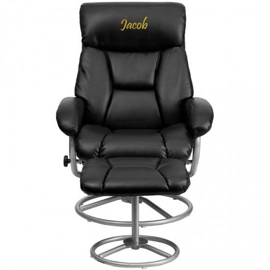 Personalized Contemporary Multi-Position Recliner and Ottoman with Metal Base in Black LeatherSoft