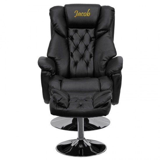 Personalized Transitional Multi-Position Recliner and Ottoman with Chrome Base in Black LeatherSoft