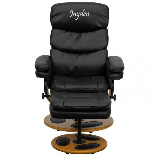 Personalized Contemporary Multi-Position Recliner and Ottoman with Wood Base in Black LeatherSoft