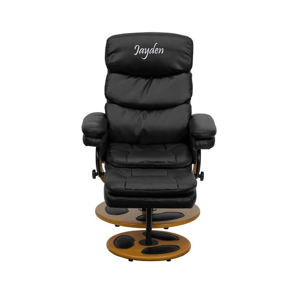 Personalized Contemporary Multi-Position Recliner and Ottoman with Wood Base in Black LeatherSoft