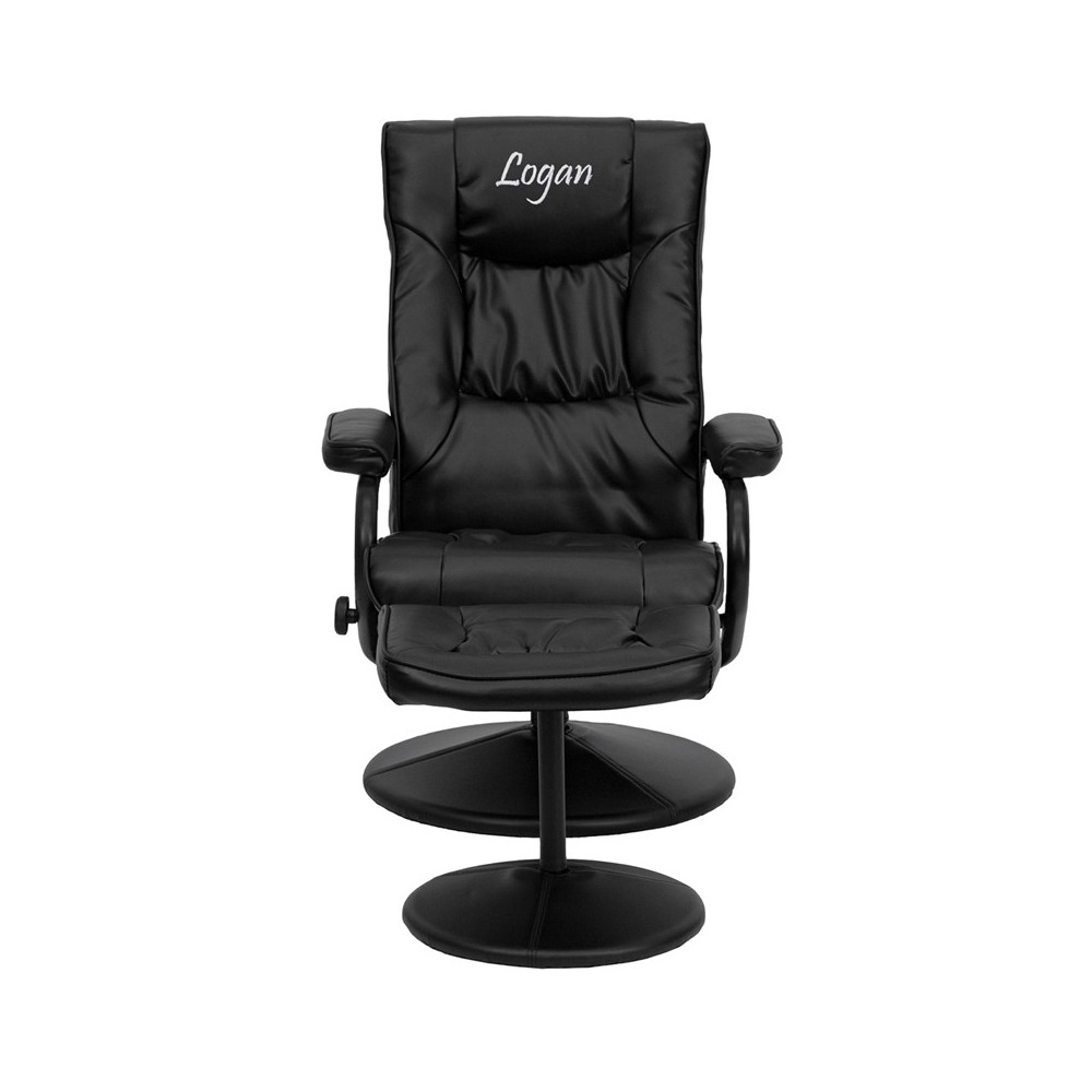 Personalized Contemporary Multi-Position Recliner and Ottoman with Wrapped Base in Black LeatherSoft