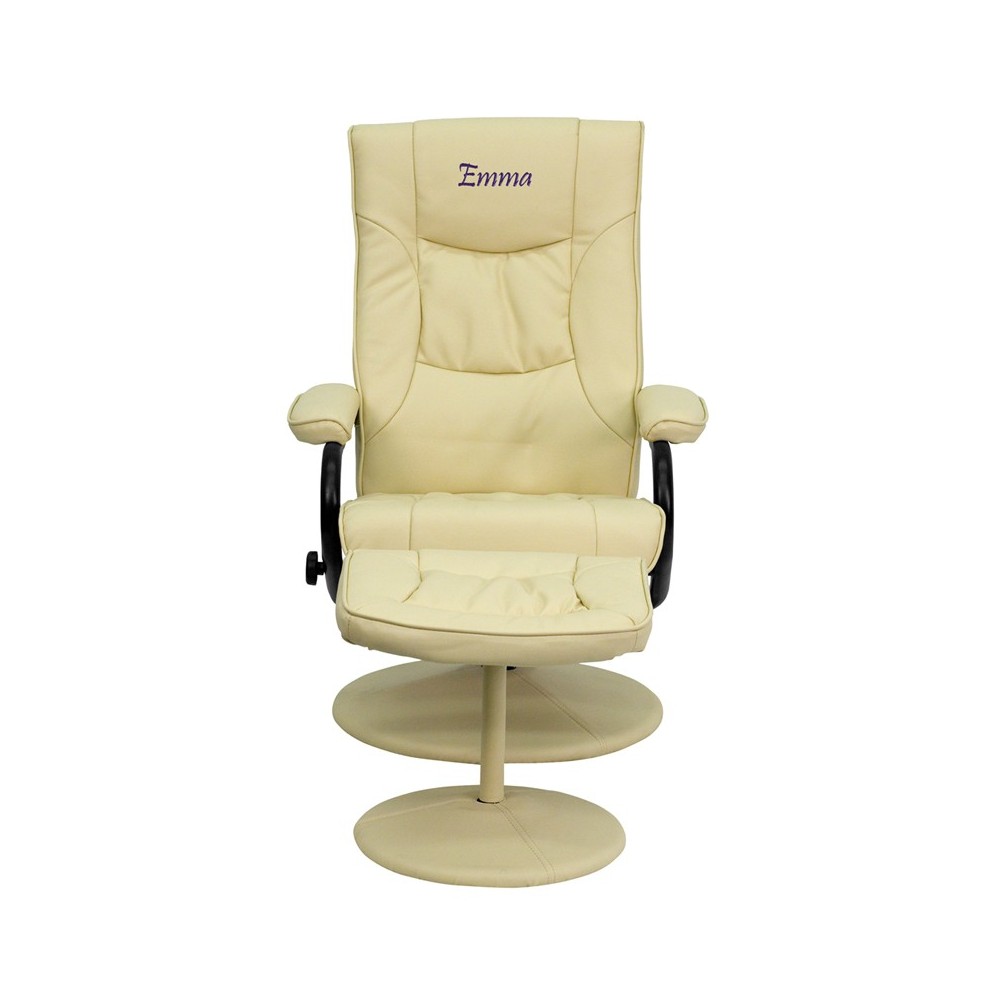 Personalized Contemporary Multi-Position Recliner and Ottoman with Wrapped Base in Cream LeatherSoft